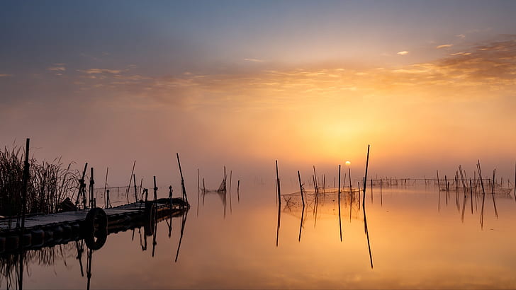 dermaga, matahari terbenam, danau, Jepang, kabut, matahari, perairan tenang, refleksi, tenang, kuning, Wallpaper HD