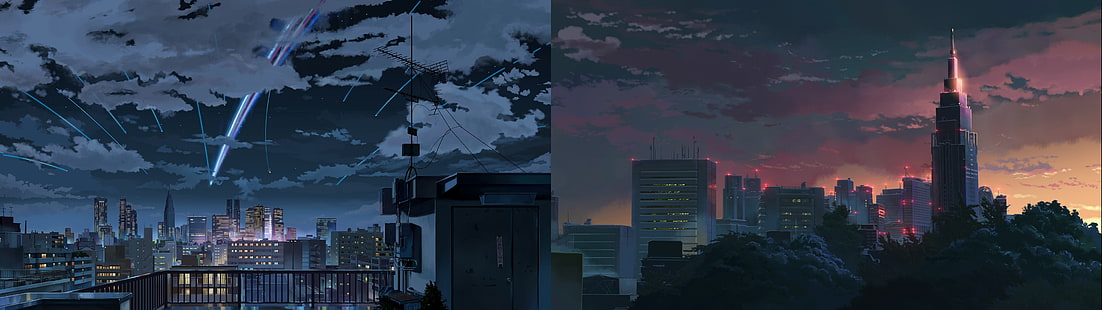 graue Betonbaucollage, Kimi no Na Wa, Anime, Doppelmonitore, Der Garten der Wörter, Makoto Shinkai, Stadtbild, HD-Hintergrundbild HD wallpaper