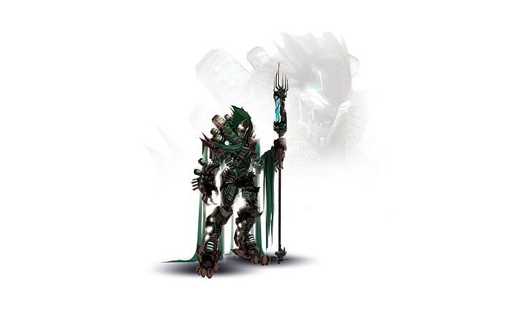 green and black game character holding trident wallpaper, robot, minimalism, white background, cyborg, comics, marvel, dr doom, Dr. doom, gears heroes, cyber heroes, Victor von doom, HD wallpaper