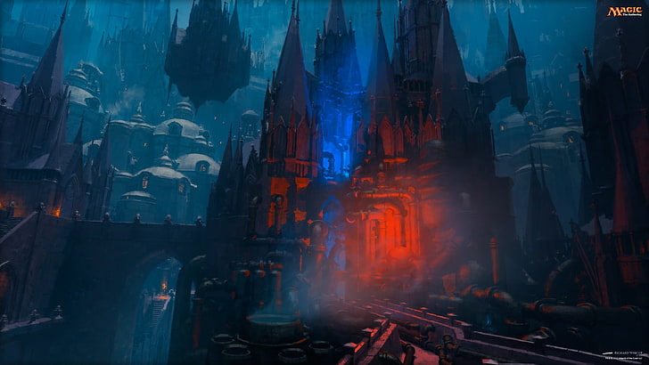 papier peint bâtiment en béton noir et rouge, Magic: The Gathering, Izzet, ville, magie, jeux vidéo, Fond d'écran HD