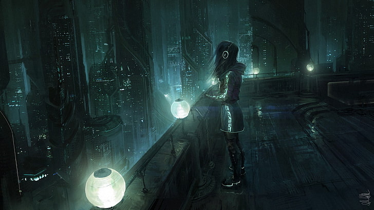 Manga, Stadtbild, Frauen, Cyberpunk, Science Fiction, Kopfhörer, Nacht, Andree Wallin, HD-Hintergrundbild