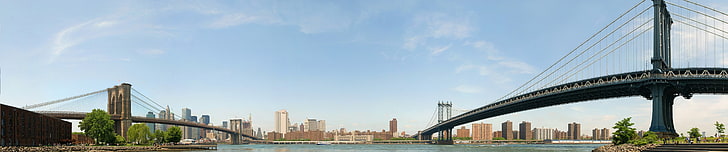 бело-коричневое бетонное здание, Нью-Йорк, тройной экран, Бруклинский мост, Манхэттенский мост, панорамы, HD обои