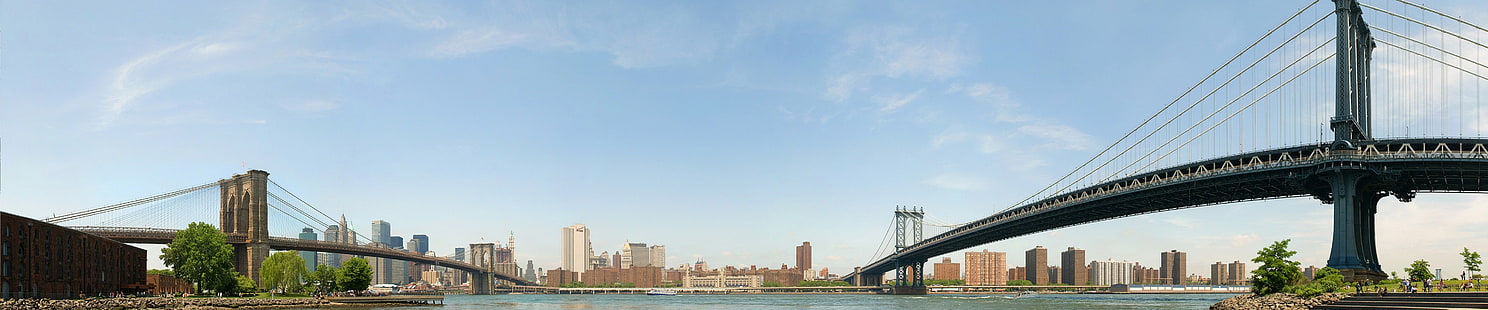 白と茶色のコンクリートの建物、ニューヨーク市、トリプルスクリーン、ブルックリン橋、マンハッタン橋、パノラマ、 HDデスクトップの壁紙 HD wallpaper