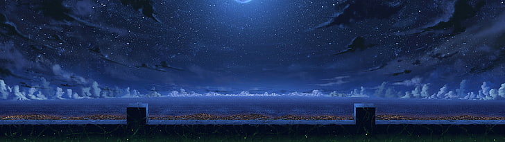 панорамное фото пейзажа ночью, панорама, произведение искусства, море, облака, небо, звезды, HD обои