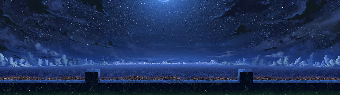 夜、パノラマ、アートワーク、海、雲、空、星の間に風景のパノラマ写真、 HDデスクトップの壁紙 HD wallpaper