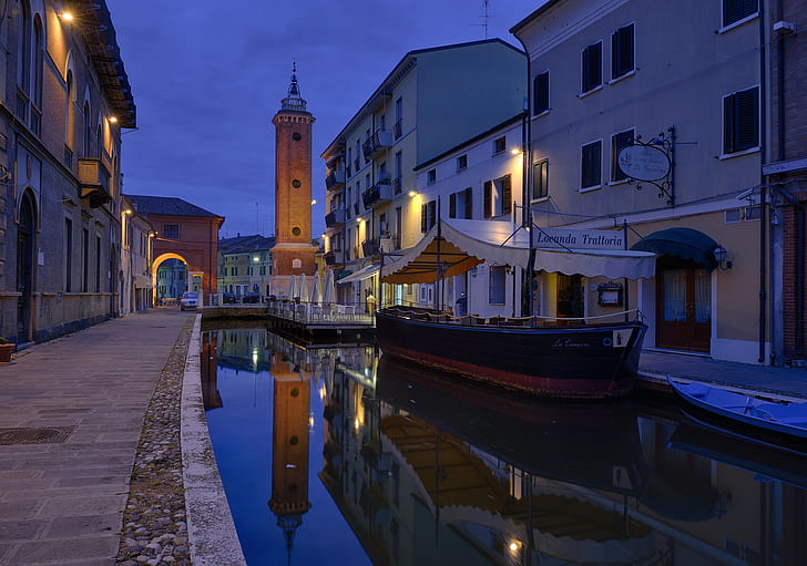 noche, luces, torre, hogar, Italia, canal, Emilia-Romagna, Comacchio, Fondo de pantalla HD