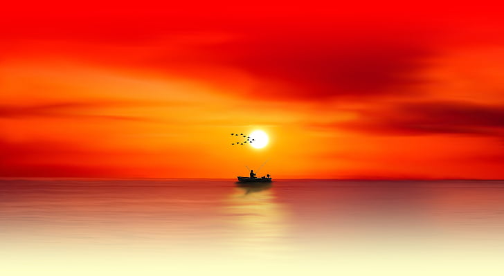 foto siluet ilustrasi perahu, Matahari Terbenam, Memancing, Burung, Bayangan Hitam, 4K, Wallpaper HD