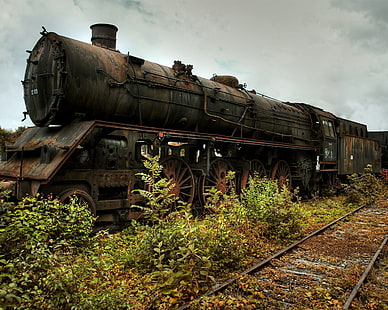 brązowo-czarny pociąg parowy, pociąg, lokomotywa parowa, pojazd, wrak, Tapety HD HD wallpaper