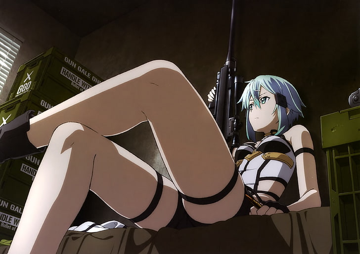 wanita berambut biru memegang ilustrasi senapan serbu, Asada Shino, Sword Art Online, Gun Gale Online, Wallpaper HD