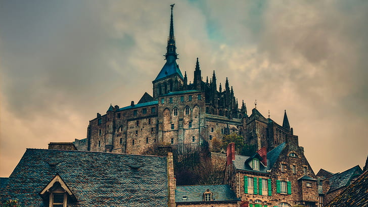 Mont Saint-Michel, France, castle, tower, dusk, clouds, Mont, Saint, Michel, France, Castle, Tower, Dusk, Clouds, HD wallpaper