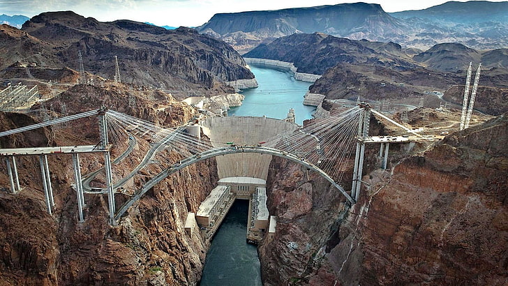 bridge, hoover dam bypass, colorado river, black canyon, united states, nevada, arizona, river, construction, hoover dam, HD wallpaper