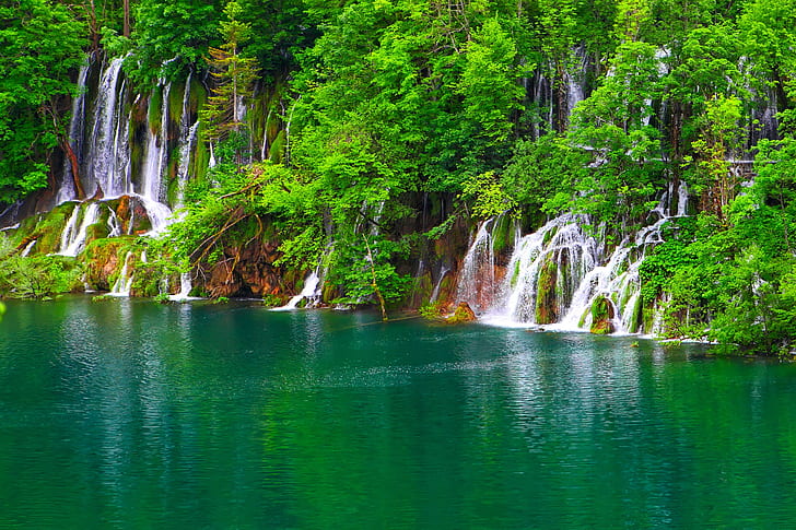 lake, jungle, waterfall, landscape, HD wallpaper