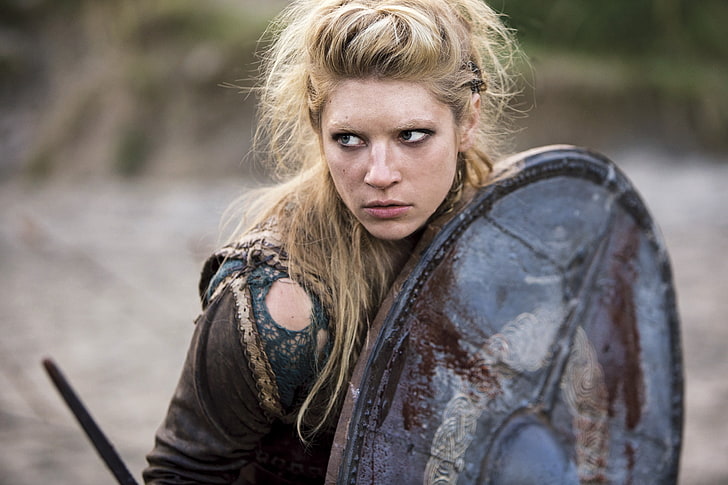 Vikings movie still screenshot, Katheryn Winnick, Vikings, Vikings (TV series), blonde, actress, shield, warrior, women, Lagertha Lothbrok, movie scenes, HD wallpaper