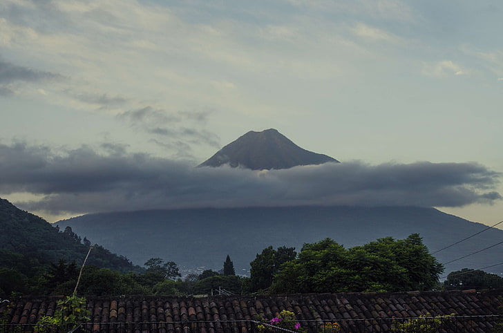 foggy, mountain, valley, volcano, HD wallpaper