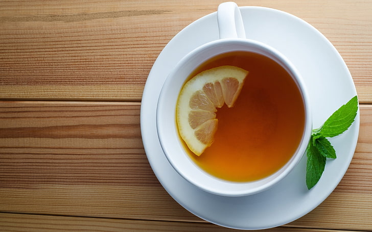 lemon tea, mint, drink, lemon, tea, saucer, cup, HD wallpaper