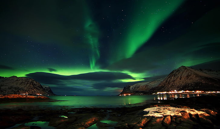 aurora tapeter, hav, himlen, natt, stenar, norrsken, Norge, Lofoten Islands, Lofoten Island, HD tapet