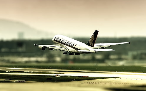 white and black Singapore Airlines airplane, airplane, tilt shift, passenger aircraft, A380, Airbus, aircraft, vehicle, Singapore, photo manipulation, HD wallpaper HD wallpaper