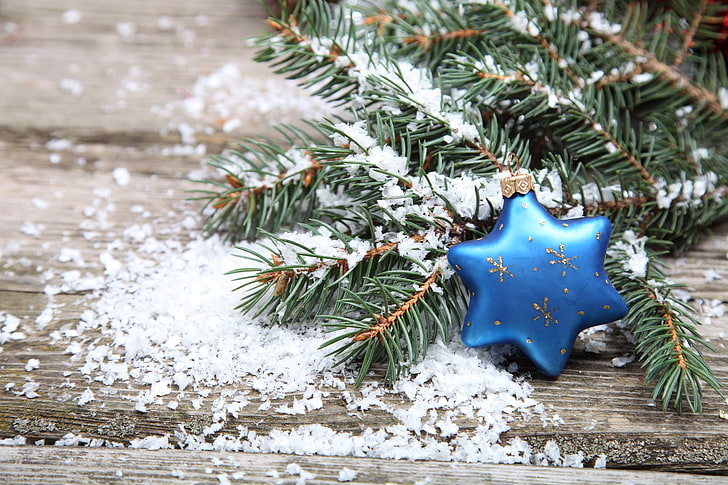 blue star decor, snow, tree, Christmas toy, HD wallpaper