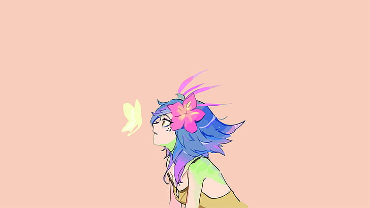 Neeko (League of Legends), League of Legends, fond simple, papillon, fleur dans les cheveux, cheveux bleus, Fond d'écran HD