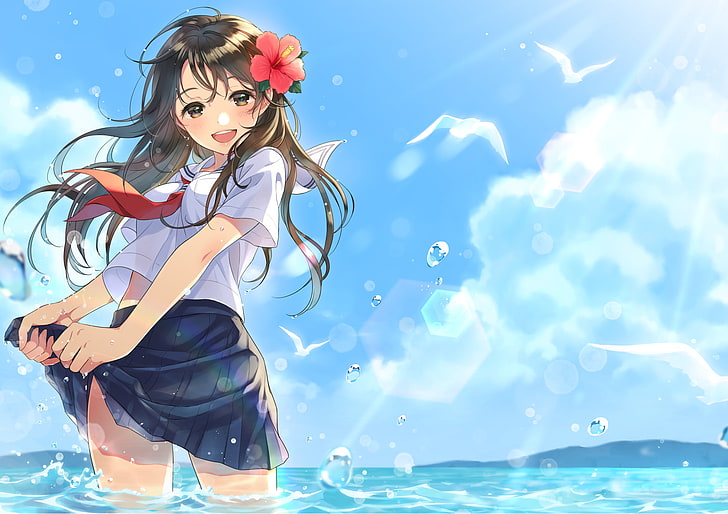 anime kız, kocaman bir gülümseme, okyanus, okul üniforması, su damlaları, kuşlar, Anime, HD masaüstü duvar kağıdı