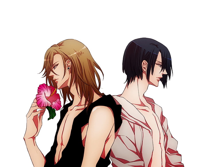two male anime character illustration, anime, guys, feminine, flower, posture, HD wallpaper