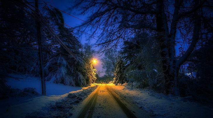 przyroda, krajobraz, zima, ulica, latarnia, śnieg, drzewa, tory, zimno, światła, miejski, Connecticut, Tapety HD