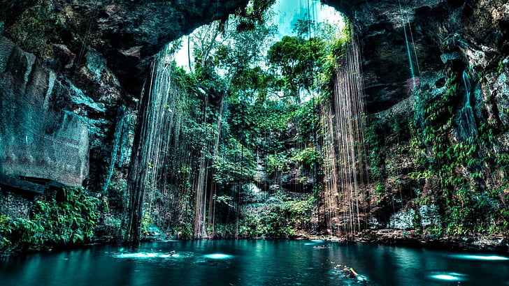 mexique, cenote ik kil, péninsule du yucatan, maya, chichen itza, cenotes, cascade, grotte, lac, rocheux, antique, yucatan, Fond d'écran HD