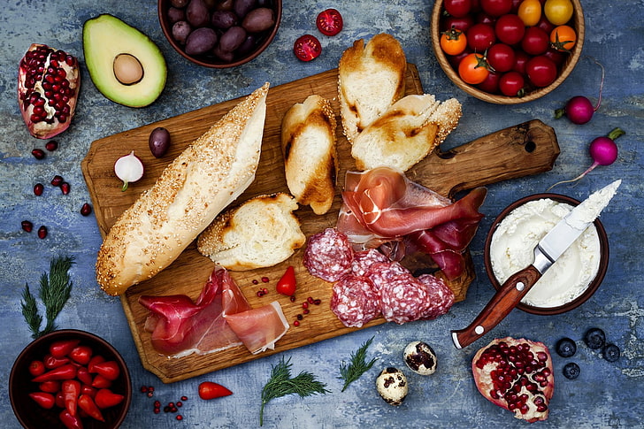 Speisen, Stillleben, Brot, Obst, Fleisch, Salami, HD-Hintergrundbild