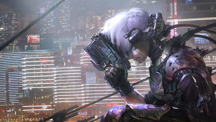 cyborg, tampilan profil, cyberpunk, pistol, kota futuristik, fiksi ilmiah, karya seni, Fantasi, Wallpaper HD