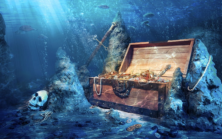 바다, 수중, 두개골, 보석류, 상자, 해적, 디지털 아트, HD 배경 화면