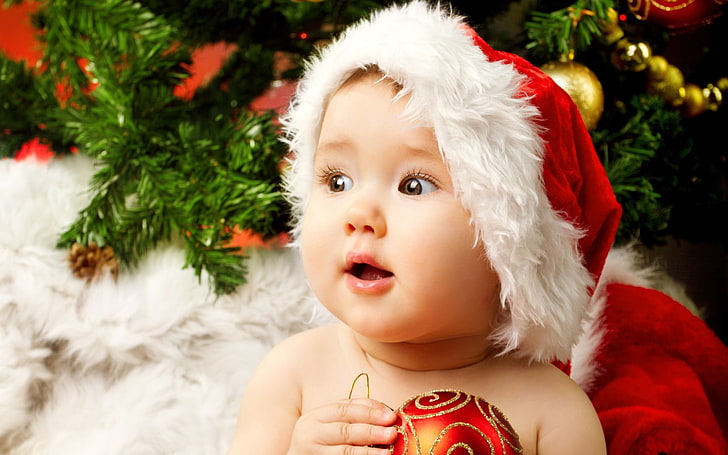 Sevimli sevimli bebek santa-2016 Noel Duvar Kağıdı, yürümeye başlayan çocuk kırmızı Noel şapka, HD masaüstü duvar kağıdı