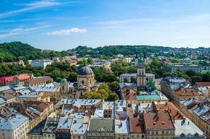 à la maison, arrière-plan, ville, haut château, lviv, place du marché, toit, curiosités, temple, la ville de lviv, tourisme, ukraine, Fond d'écran HD