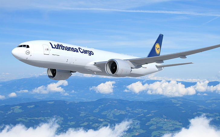 Boeing 777 Carta da parati per velivoli di alta qualità, aereo cargo Lufthansa bianco, Sfondo HD