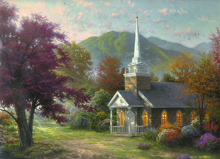 gray concrete house near trees and mountain painting, trees, flowers, mountains, nature, painting, chapel, the rays of the sun, Thomas Kinkade, paintig, сhapel, Streams of living water, HD wallpaper