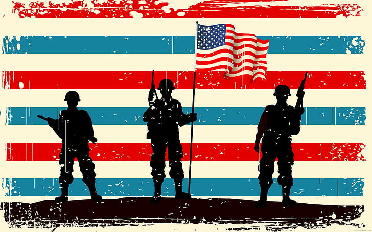 American soldiers remember, silhouette of 2 soldiers and 1 soldier holding an american flag, holidays, memorial day, america, flag, soldier, HD wallpaper
