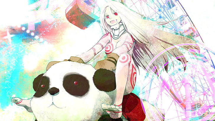 anime, garotas de anime, Deadman Wonderland, Shiro (Deadman Wonderland), panda, olhos vermelhos, cabelos brancos, HD papel de parede