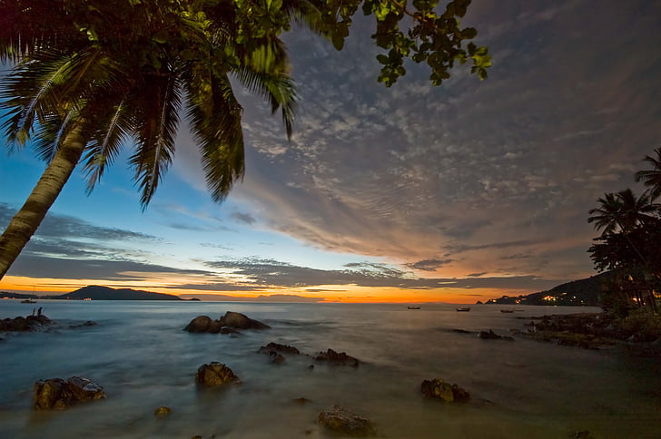 Earth, Beach, Horizon, Ocean, Palm Tree, Sea, Sunset, Thailand, Tropical, HD wallpaper