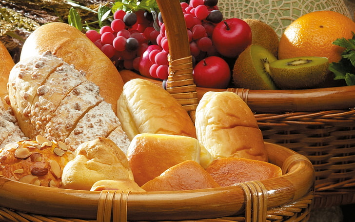 basket of bread, baskets, bread, buns, pastries, white bread, biscuits, nuts, grapes, apples, kiwi, oranges, HD wallpaper