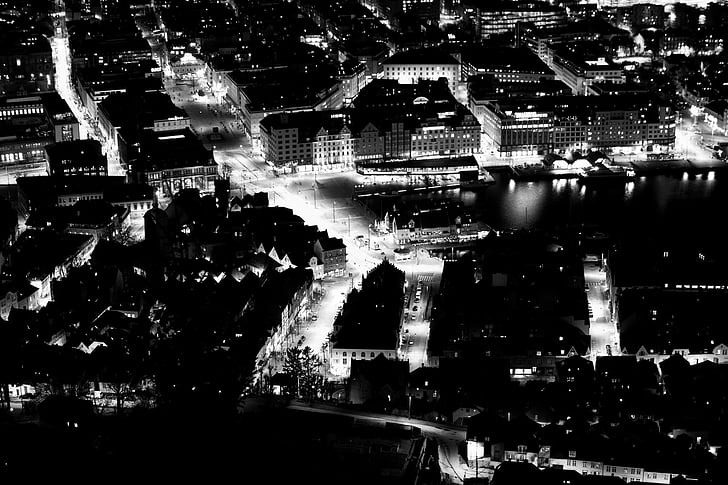 Städer, Bergen, svartvitt, stad, stadsbild, ljus, natt, Norge, HD tapet