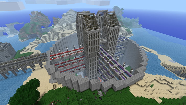 graue Gebäude Illustration, Minecraft, Haus, Wasser, Würfel, HD-Hintergrundbild