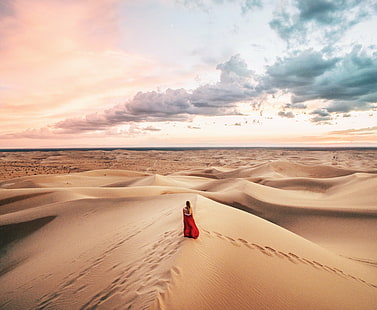woman in red long dress walking in desert under cloudy sky during daytime, If you want, this…  woman, woman in red, red long, long dress, desert, cloudy, sky, daytime, dji phantom, drone, quadcopter, tutorial, adobe lightroom, dji phantom 3, perspective, looking down, aerial photography, dirk, dallas, heli, glamis, lone, woman, sand, beach, nature, outdoors, sea, people, sunset, HD wallpaper HD wallpaper