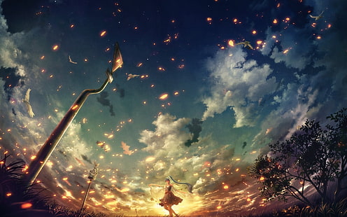 ilustracja postaci anime, anime, niebieskie włosy, zachód słońca, żar, chmury, Vocaloid, Hatsune Miku, anime dziewczyny, niebo, Tapety HD HD wallpaper