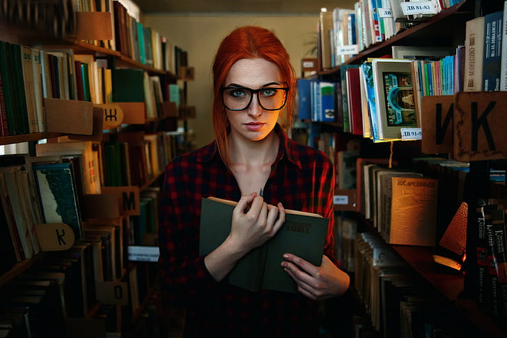 женщины в очках, книги, женщины, модель, HD обои