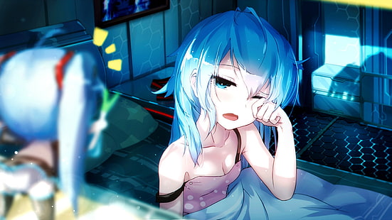 wallpaper karakter anime berambut biru, anime, ngantuk, gadis anime, rambut pirus, mata pirus, di tempat tidur, biru, Vocaloid, Hatsune Miku, manga, rambut biru, Wallpaper HD HD wallpaper