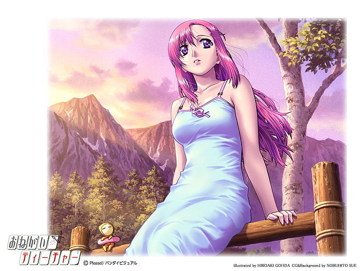 白いドレスアニメキャラクターイラスト、アニメ、おねがい先生のピンク髪の女性、 HDデスクトップの壁紙