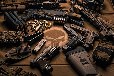 lote variado de pistola e espingarda, armas, armas, faca, cartuchos, HD papel de parede HD wallpaper