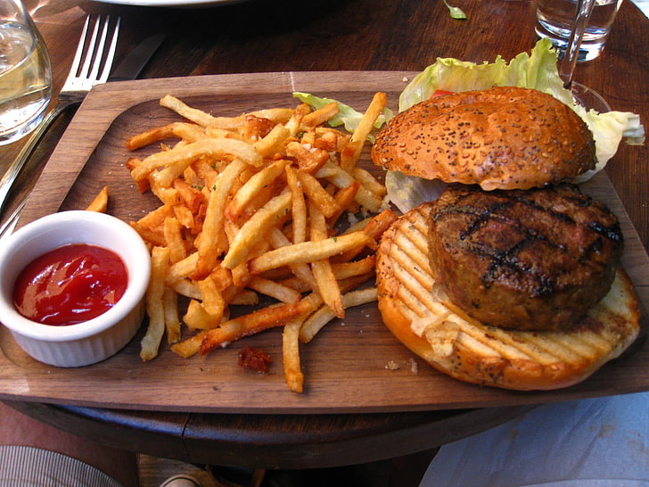 burger and fries, food, French fries, burger, fast food, HD wallpaper