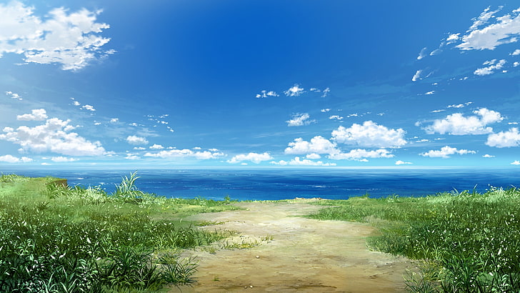бежова пътека между рисуване на трева, море, облаци, пейзаж, трева, природа, небе, Grisaia no Kajitsu, произведения на изкуството, небесно синьо, HD тапет