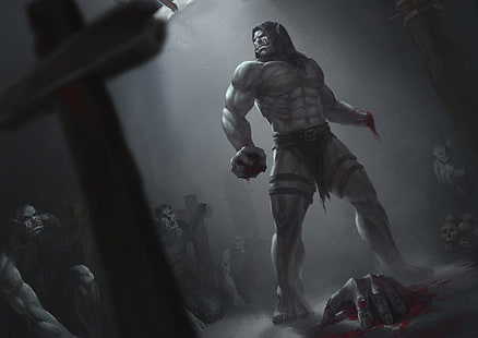 Charakter Monster neben Kreuz Tapete, Blut, Dunkel, Hand, Orks, World of Warcraft, Warchief, Warlords of Draenor, Kargath Bladefist, HD-Hintergrundbild HD wallpaper