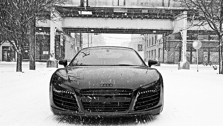 czarny samochód Audi, śnieg, samochód, monochromatyczny, r8, Audi, Audi R8, Tapety HD